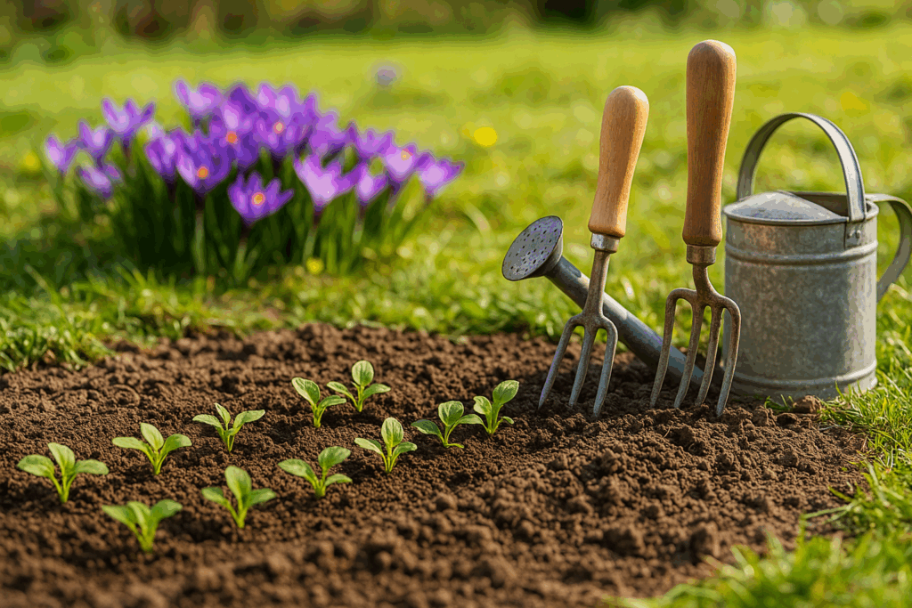Frühlingsgarten mit frisch bepflanztem Beet, Gartengeräten und blühenden Krokussen