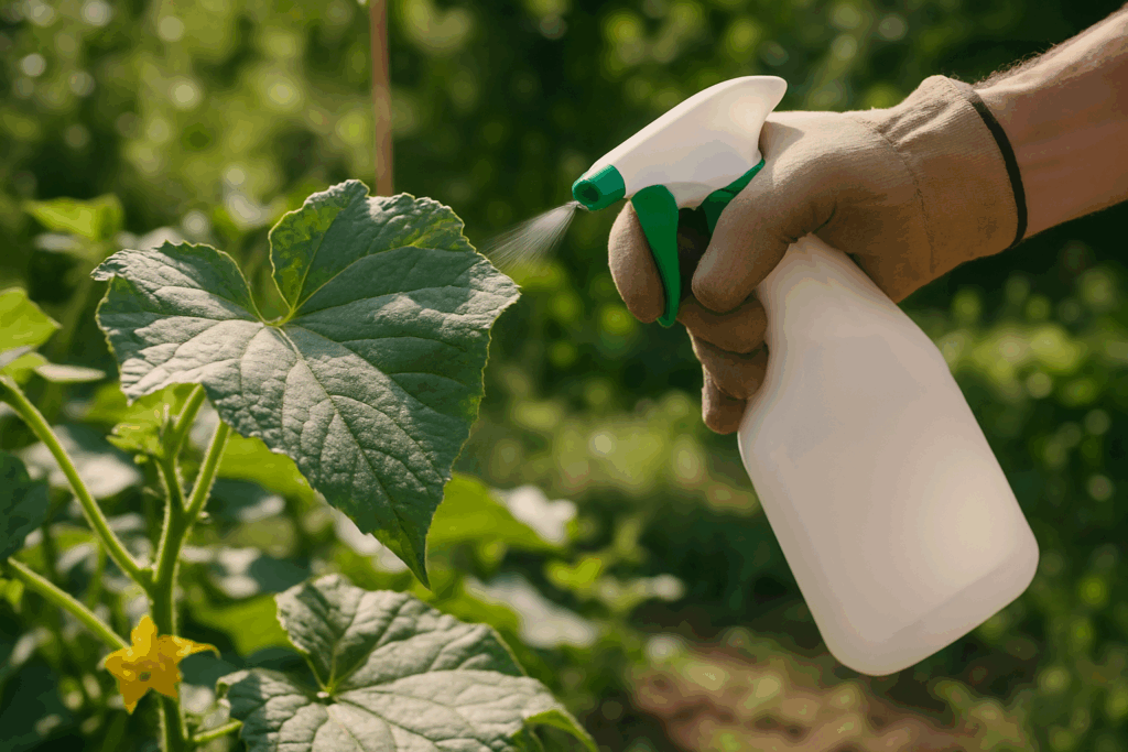Anwendung eines natürlichen Milch-Wasser-Sprays gegen Mehltau auf Gemüsepflanzen