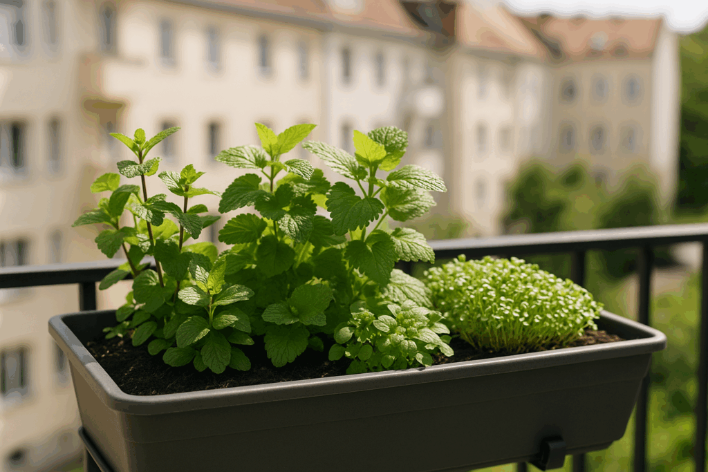 Kräuter im Balkonkasten: Minze, Zitronenmelisse und Kresse im Juni auf einem sonnigen Balkon