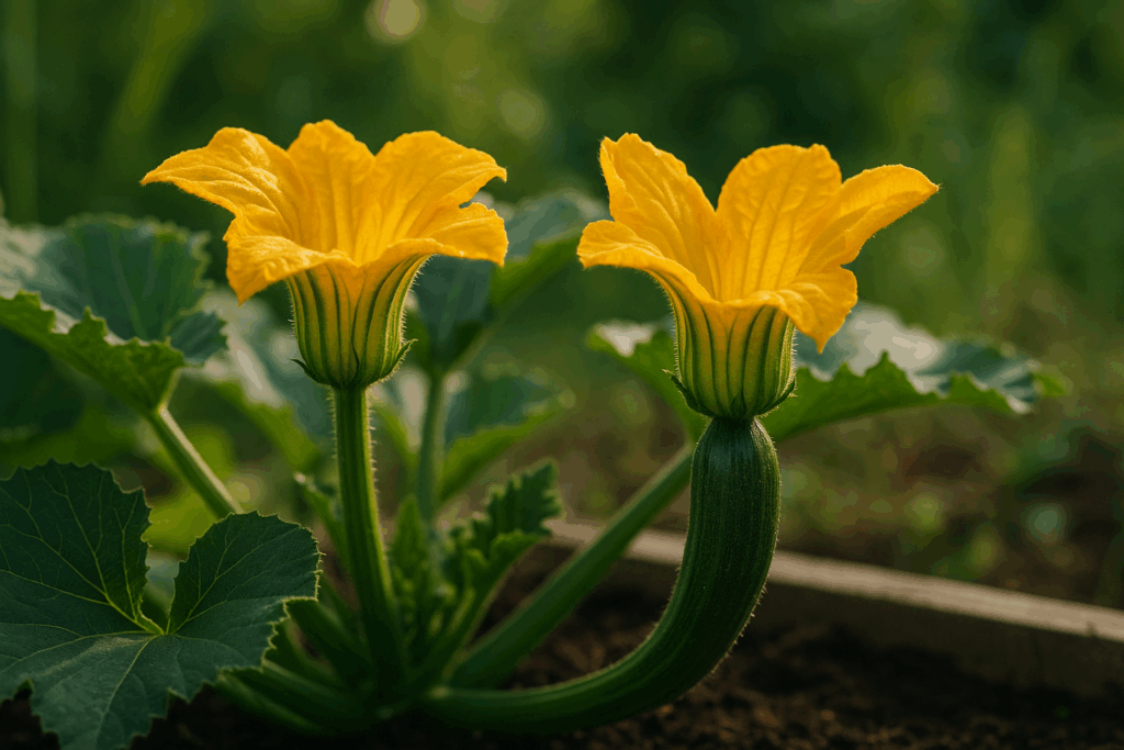 Männliche und weibliche Zucchiniblüte im Vergleich, mit deutlich erkennbarem Fruchtansatz an der weiblichen Blüte