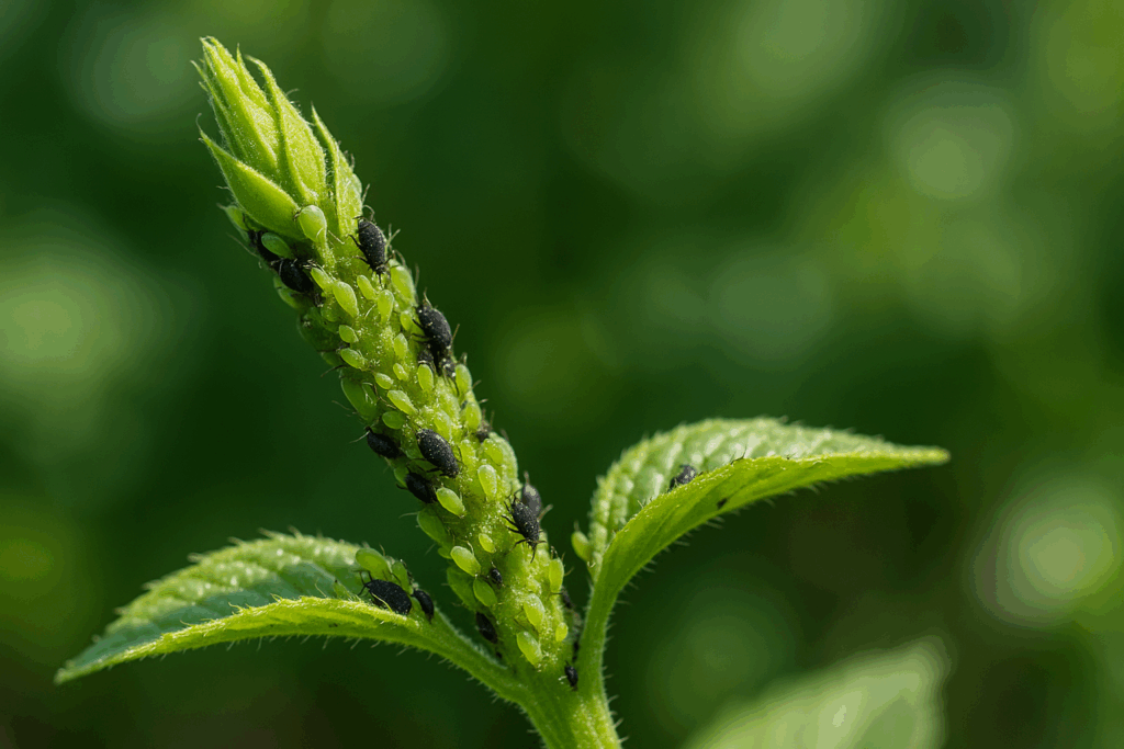 Nahaufnahme: Blattläuse im Juni auf zartem Trieb – grüne und schwarze Arten auf einer jungen Pflanze im Garten.