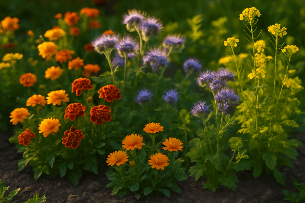 Blühende Ringelblumen, Tagetes, Phacelia und Senf als Gründüngung im Juni