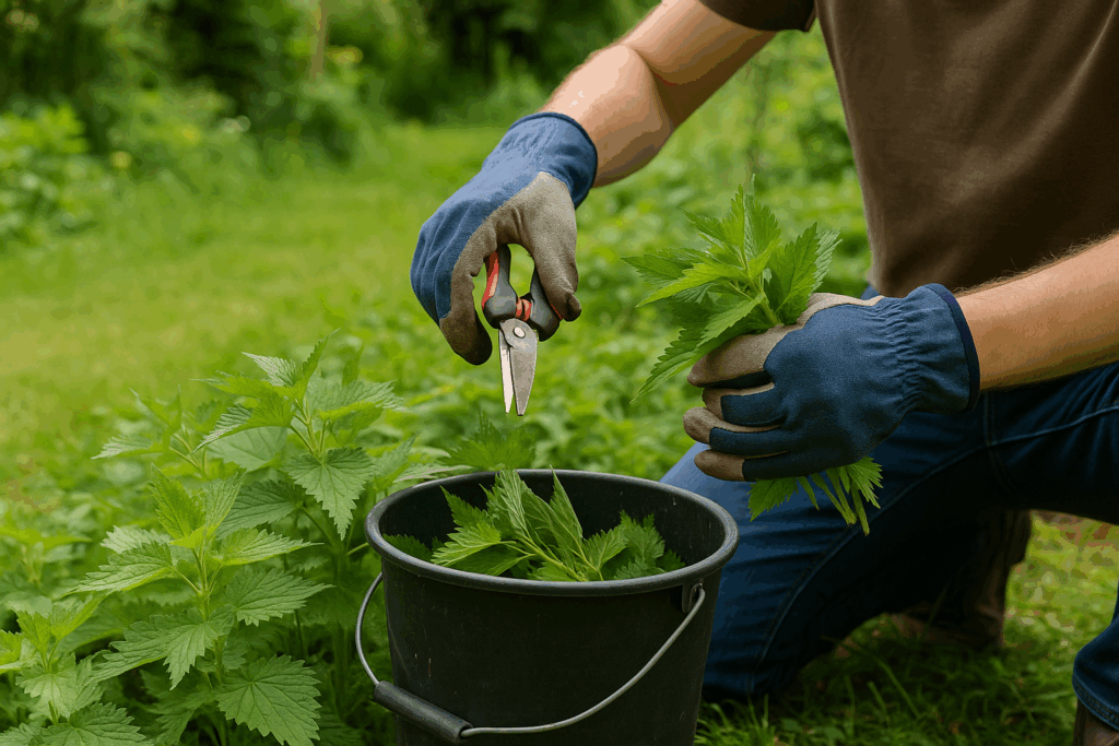 Person erntet junge Brennnesseln für Brennnesseljauche im Garten