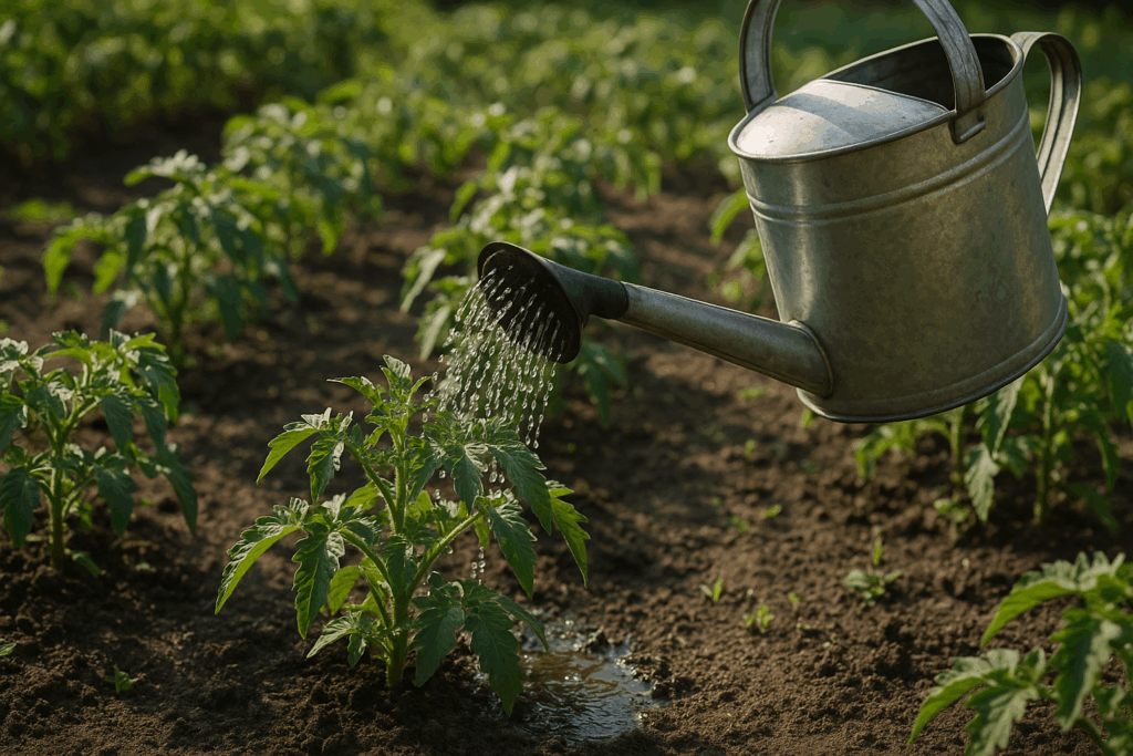 Verdünnte Brennnesseljauche wird morgens an Tomaten gegossen