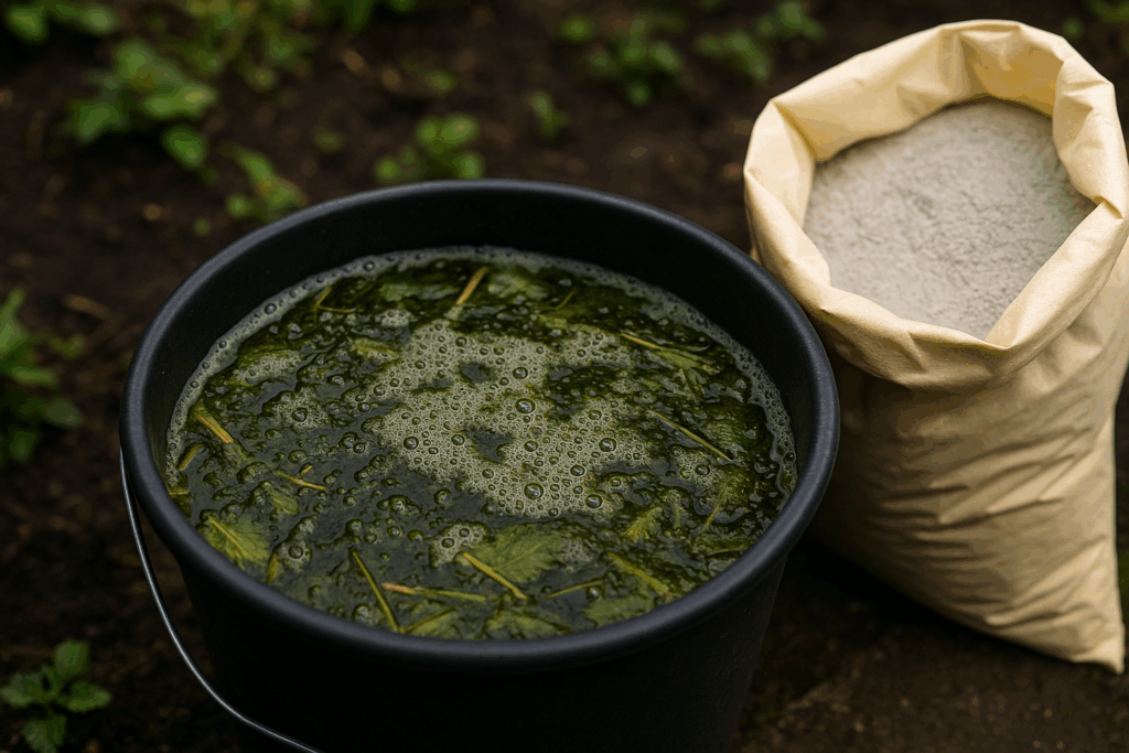 Brennnesseljauche mit Blasenbildung und Gesteinsmehl zur Geruchsbindung