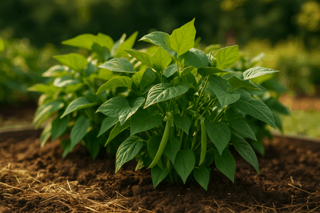 Buschbohnen mit ersten Hülsen in einem Sommerbeet – optimal für die Nachsaat ab Juni