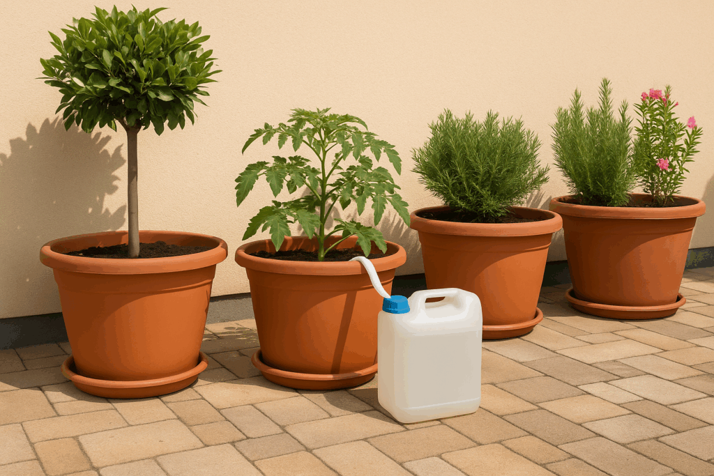 Dochtsystem zur Bewässerung von Kübelpflanzen auf sonniger Terrasse