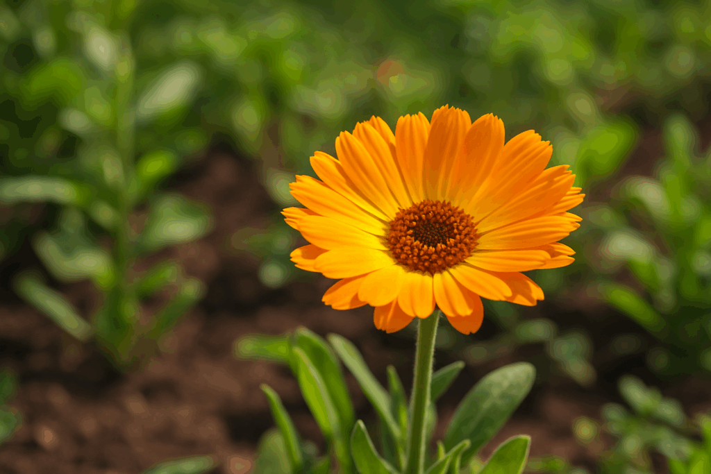 Erste Blüte einer Ringelblume nach Junisaat, strahlend orange-gelbe Blüte im Hochsommer.
