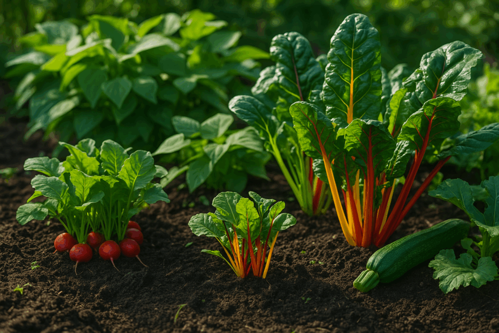 Gemüsebeet mit Radieschen, Mangold, Buschbohnen und Zucchini – ideal für die Aussaat im Juni
