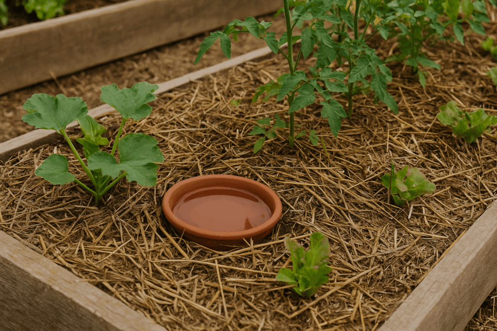 Gemulchtes Hochbeet mit Wasserschale als nachhaltige Bewässerungslösung