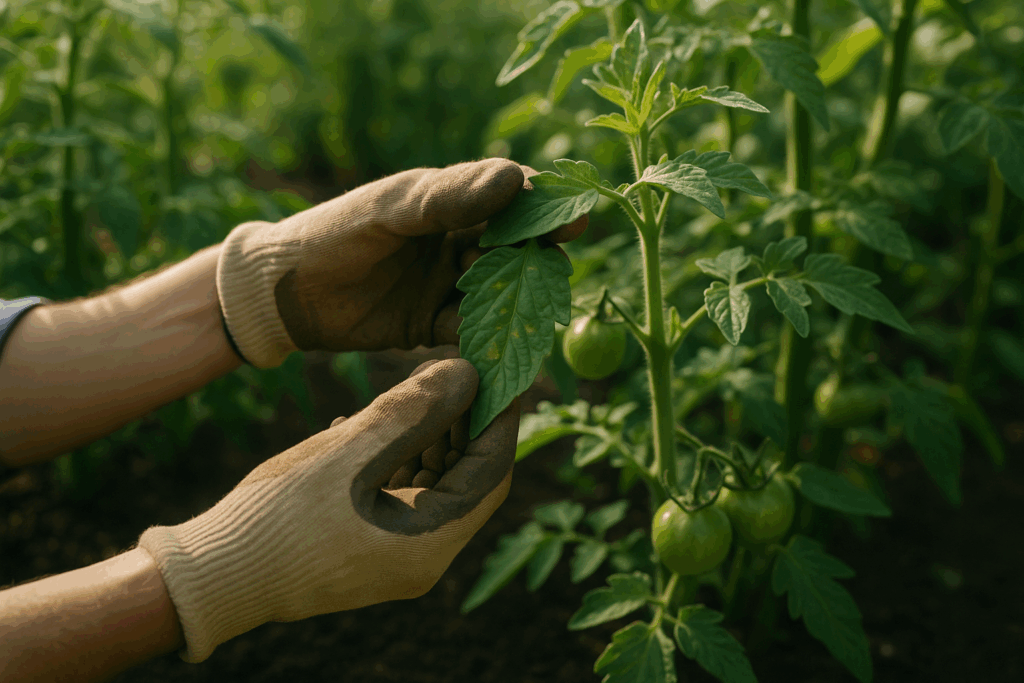 Gärtner prüft Blatt einer Tomatenpflanze auf Krankheitssymptome