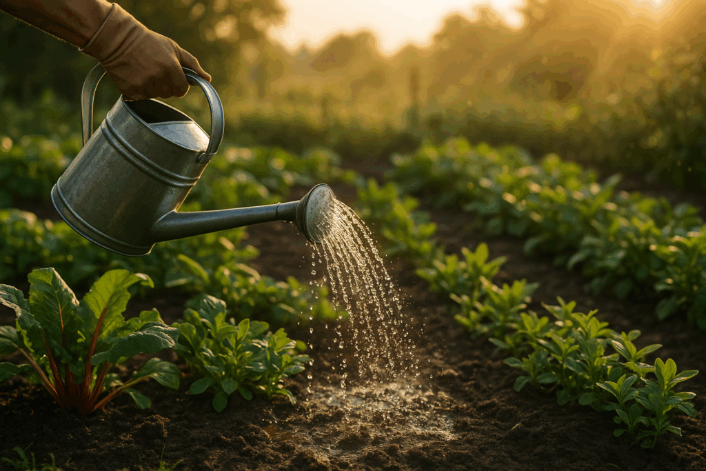 Gärtner gießt Gemüsebeet bei Sonnenaufgang mit gesammeltem Regenwasser