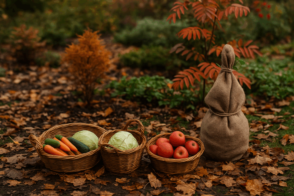 Garten im Herbst mit Laub, vollen Erntekörben und eingepackten Pflanzen