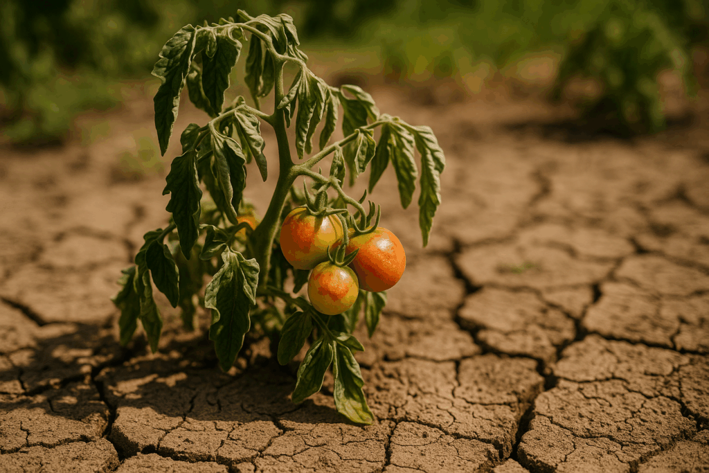Hitzestress Gemüse – Tomatenpflanze mit schlaffen Blättern und Sonnenbrandschäden bei starker Hitze