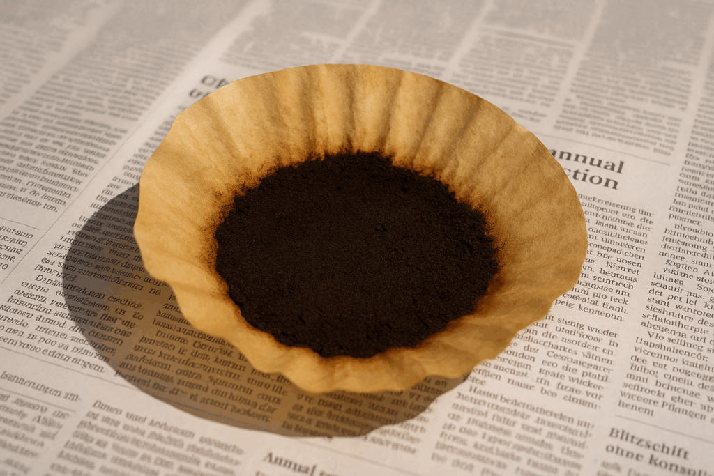 Kaffeesatz trocknet auf Zeitungspapier in der Sonne zur späteren Gartenverwendung