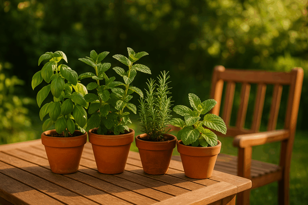 Kräutertöpfe mit Basilikum, Minze, Rosmarin und Zitronenmelisse auf einer sonnigen Terrasse