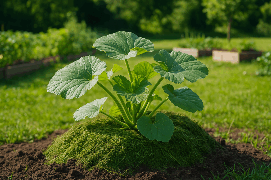Kürbis im Juni pflanzen auf Komposthügel mit Mulch – perfekter Start für schnelles Wachstum