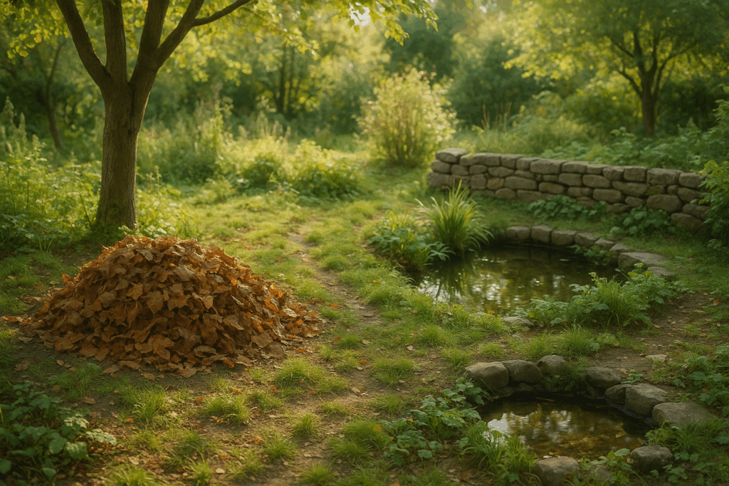 Laubhaufen, Teich und Steinmauer im Naturgarten – ideale Rückzugsorte für Schneckenfresser wie Igel und Kröten