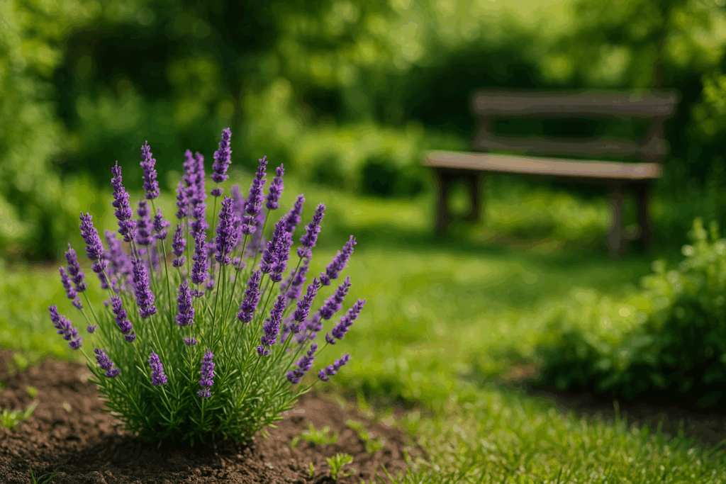 Lavendelpflanze in Blüte am Beetrand eines naturnahen Gartens