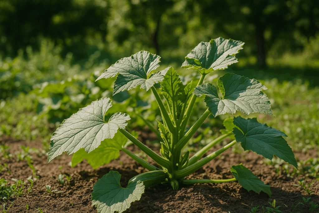 Gesunde, mehltauresistente Zucchinipflanze in einem gepflegten Gartenbeet