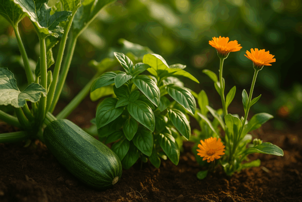 Gartenarbeit im Juni – Mischkultur mit Zucchini, Basilikum und Ringelblumen