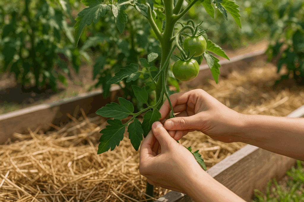 Tomatenpflege im Juni: Mulchen mit Stroh und Ausgeizen der Triebe
