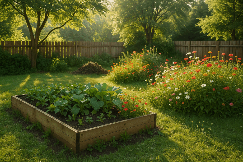 Nachhaltiger Garten mit Hochbeet, Wildblumen und Kompost – naturnah gärtnern