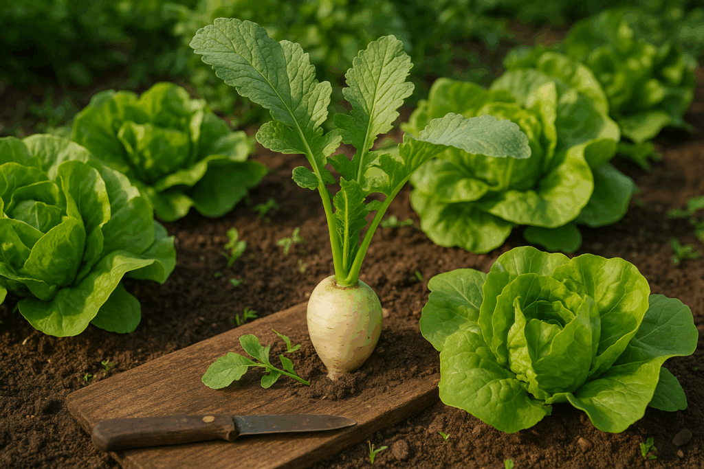Rettich in einem Beet zwischen Salat – Beispiel für Mischkultur im Spätsommer