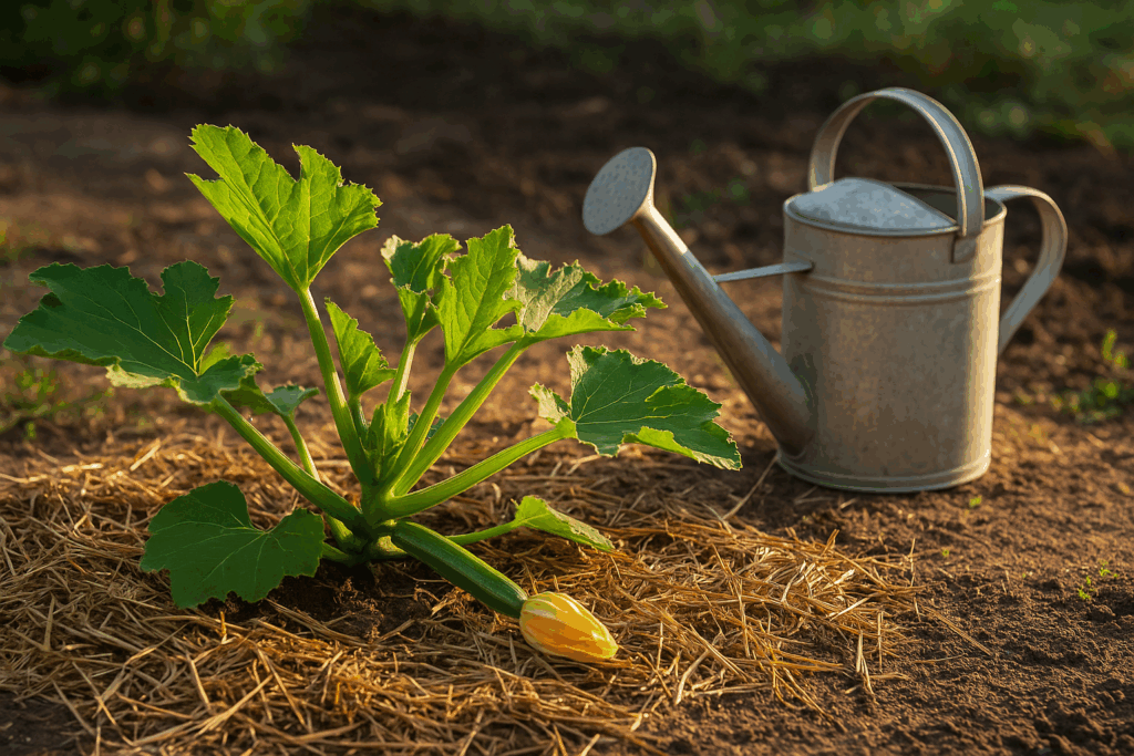 Zucchinipflanze mit Mulchschicht aus Stroh und Gießkanne – optimaler Schutz vor Austrocknung und Wurzelfäule