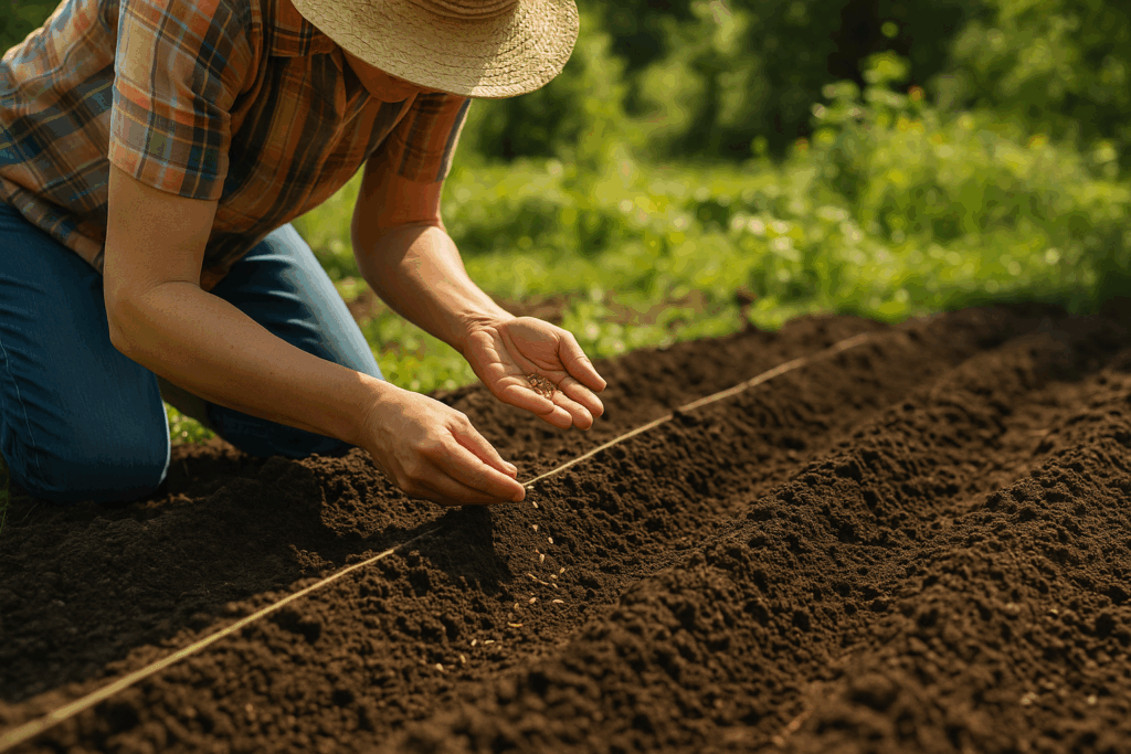Aussaat von Ringelblumen im Juni: Hand streut Samen in ein sonniges Gartenbeet mit lockerer Erde.