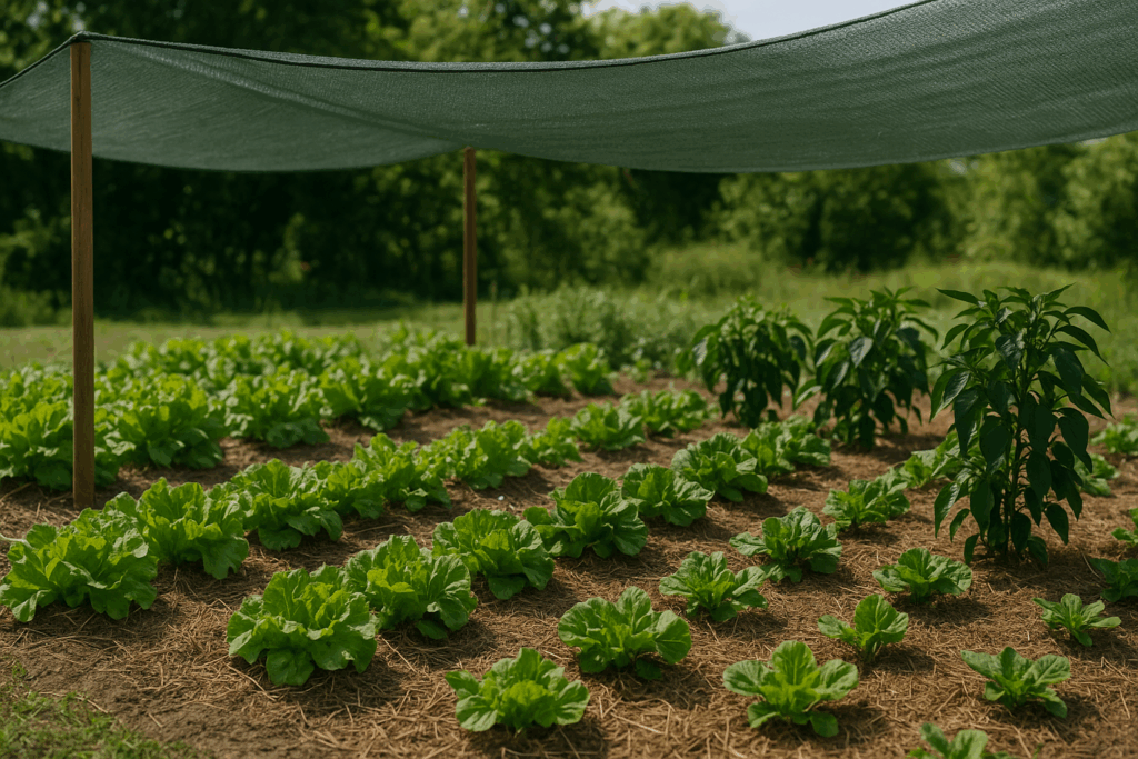 Schattiertes Gemüsebeet mit Mulch schützt Pflanzen vor Hitzestress und Verdunstung