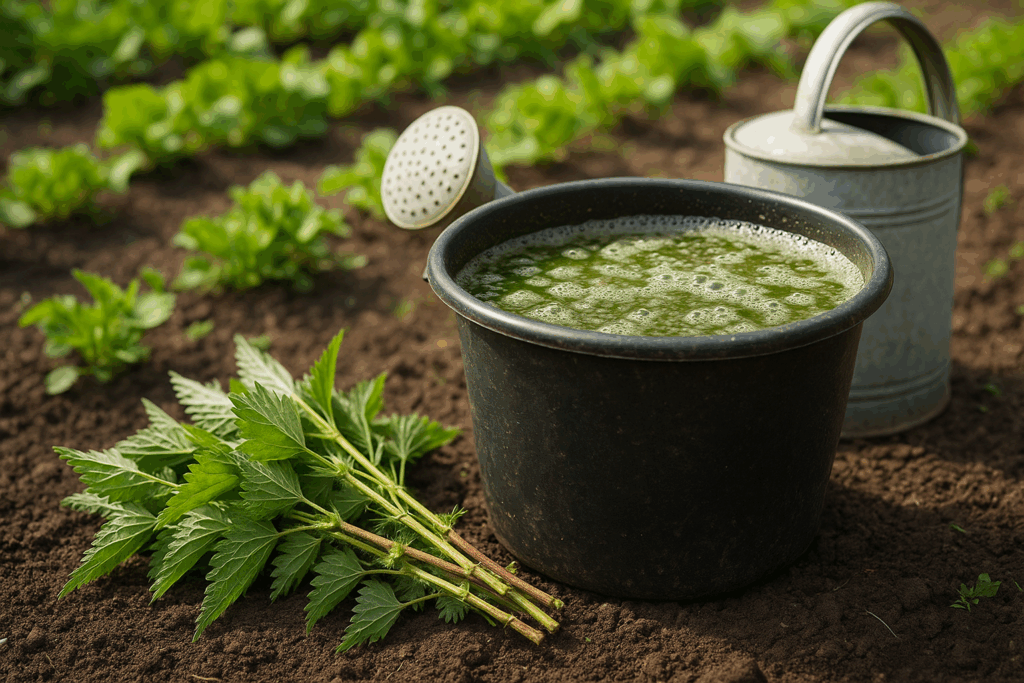 Brennnesseljauche im Eimer – natürliche Pflanzenstärkung im Garten mit fermentierten Brennnesseln.