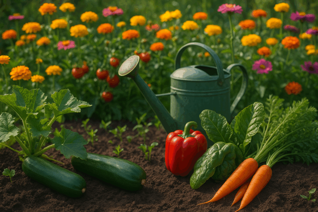 Sommergarten mit reifem Gemüse, Gießkanne und bunten Blüten im Hintergrund