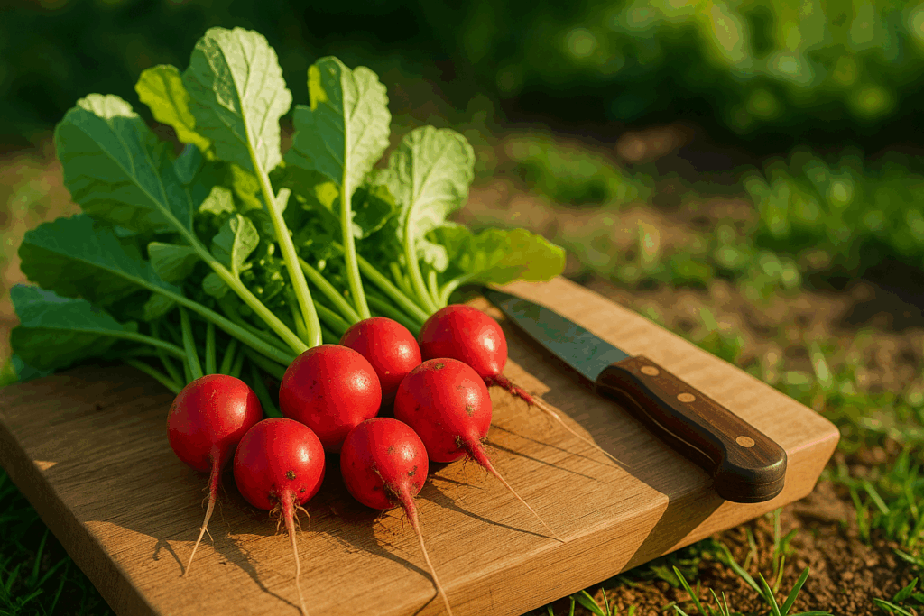 Frisch geerntete Radieschen mit Blättern und Erde auf einem Brett im Garten