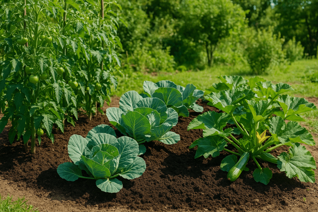 Starkzehrende Gemüsepflanzen wie Tomaten und Kohl in einem Beet mit Kompost