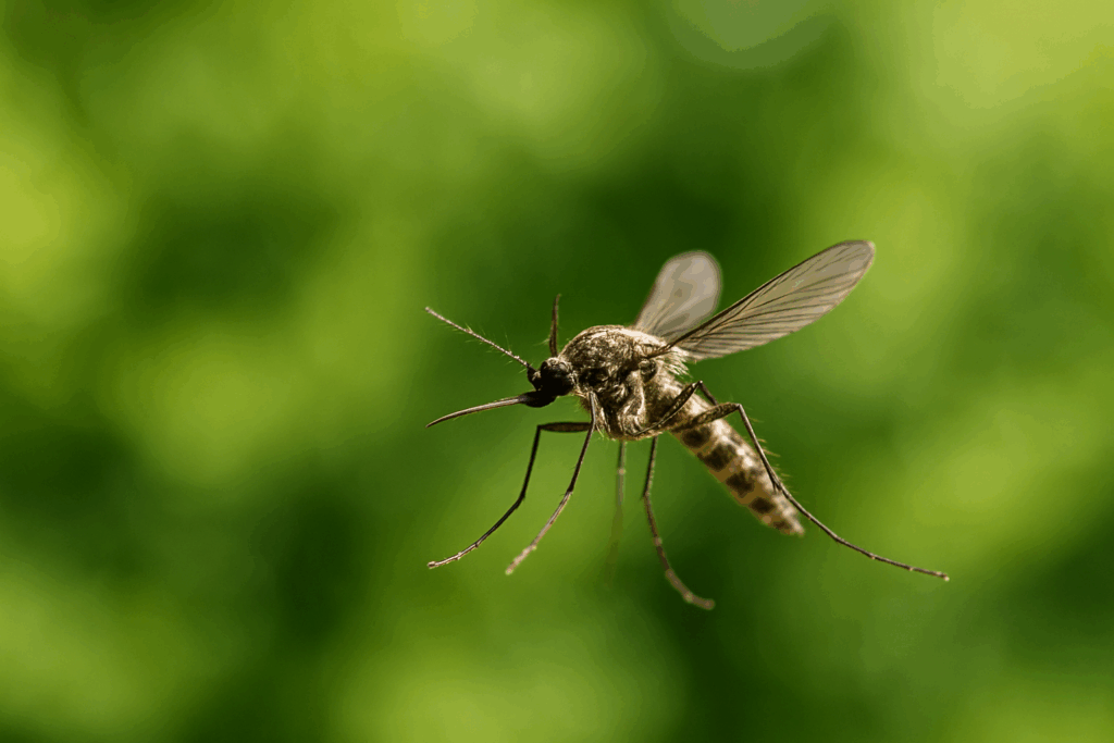 Stechmücke im Flug vor unscharfem grünen Gartenhintergrund