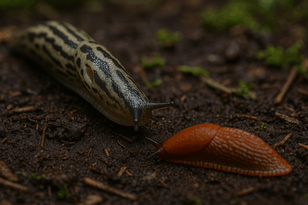 Ein Tigerschnegel verfolgt eine Spanische Wegschnecke – natürlicher Fressfeind im Garten
