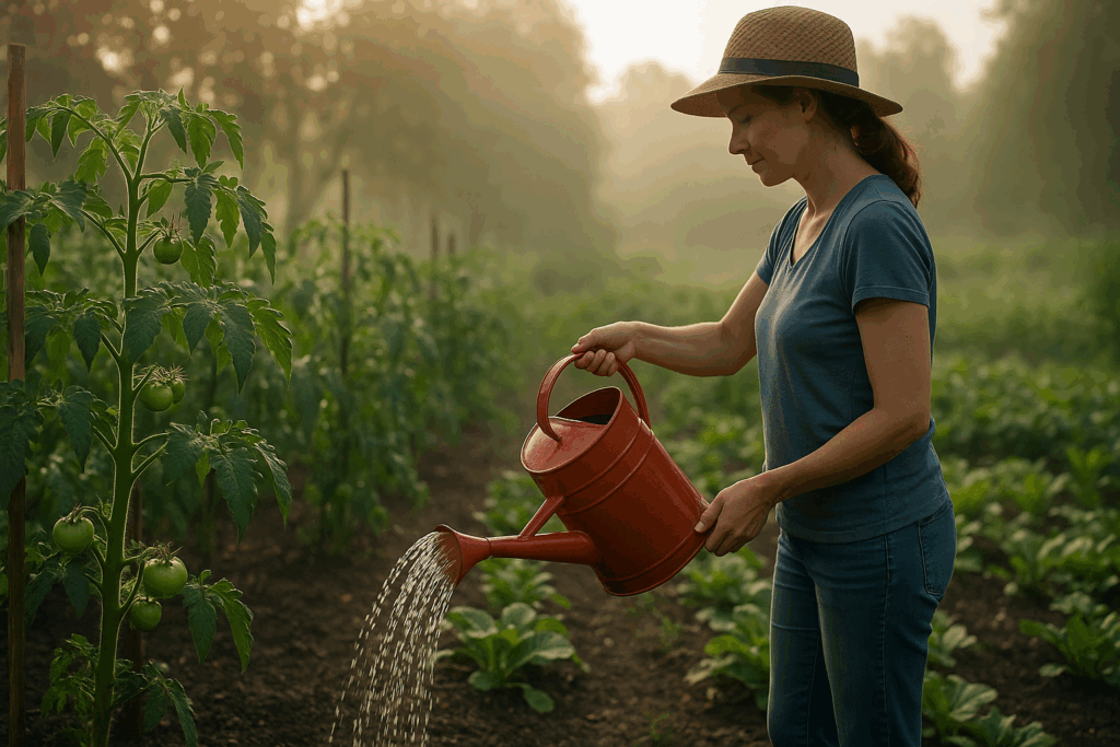 Gartenarbeit im Juni – Tomaten im Gemüsegarten morgens richtig gießen