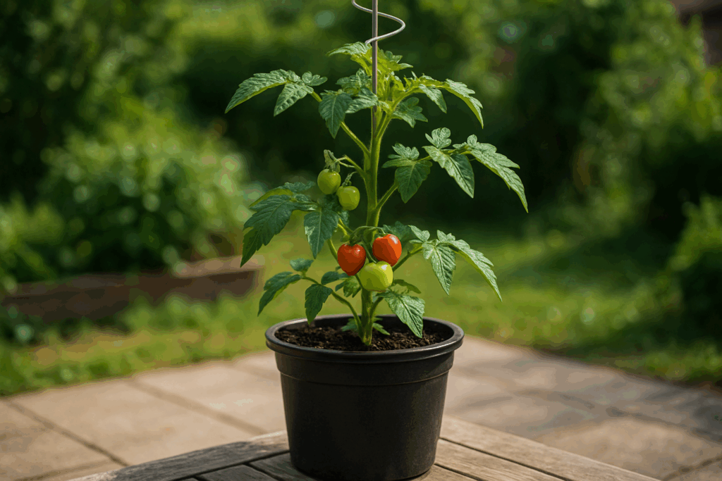 Tomatenpflanze mit Spiralstab im großen Topf auf sonniger Terrasse