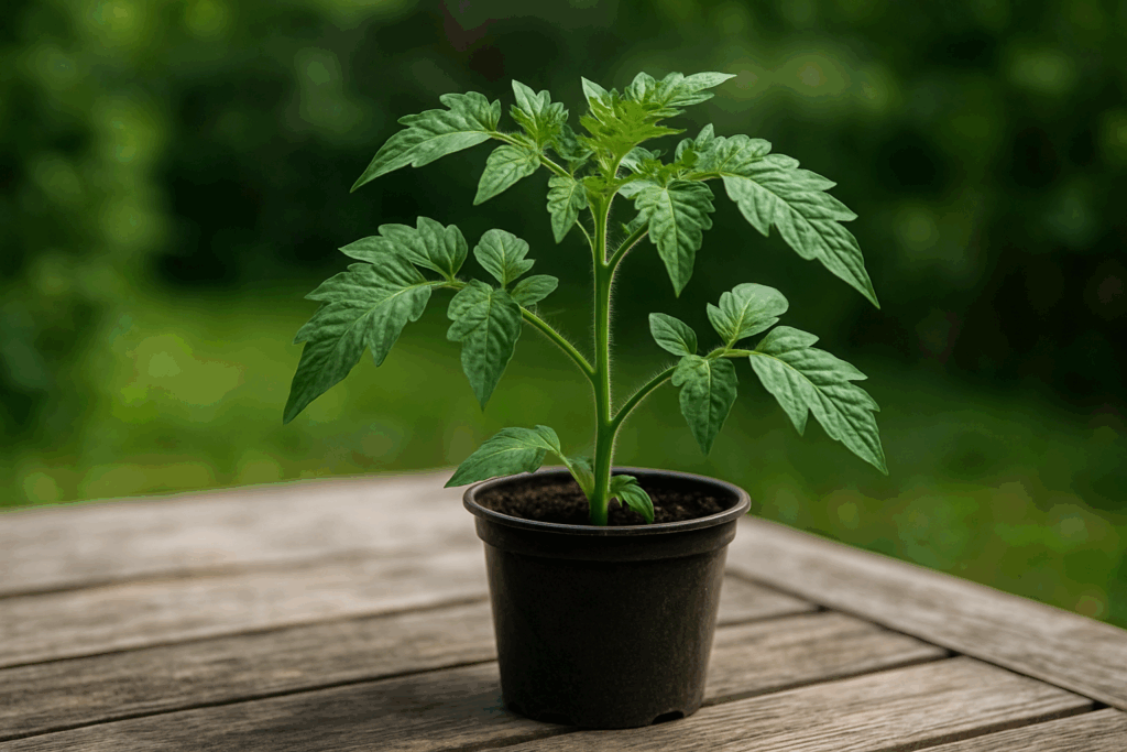 Gesunde Tomaten-Jungpflanze mit kräftigen Blättern in kleinem Topf auf Gartentisch