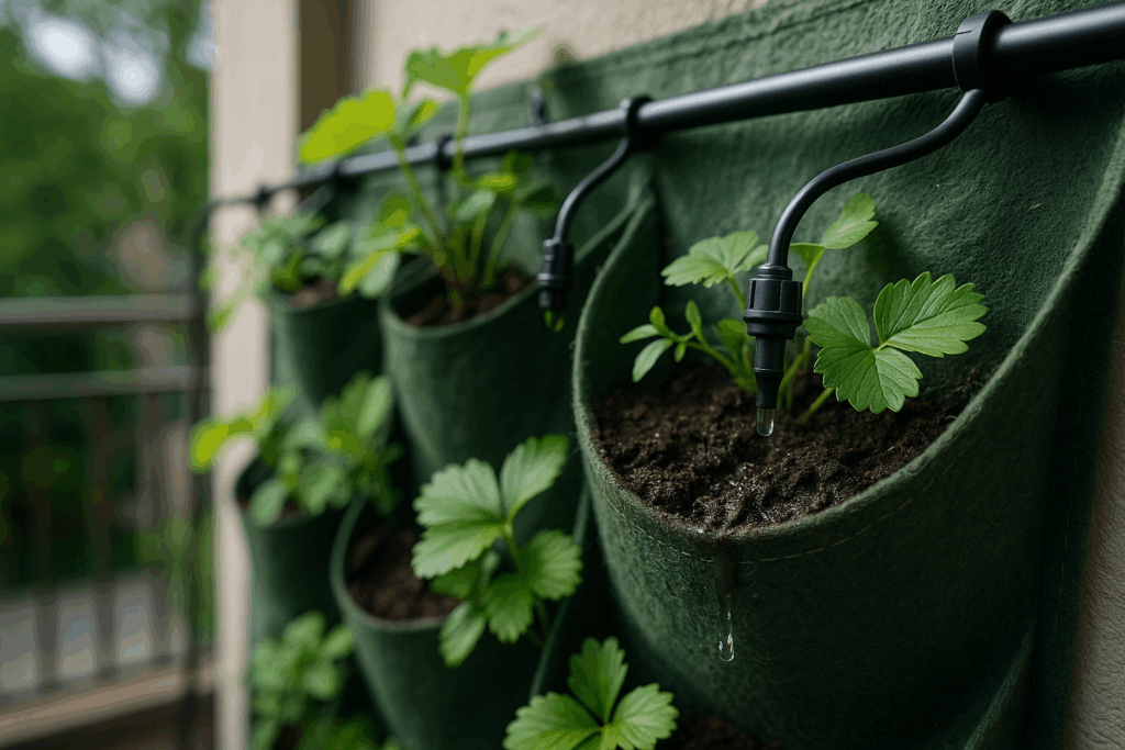 Tröpfchenbewässerung an einem vertikalen Garten mit Textiltaschen