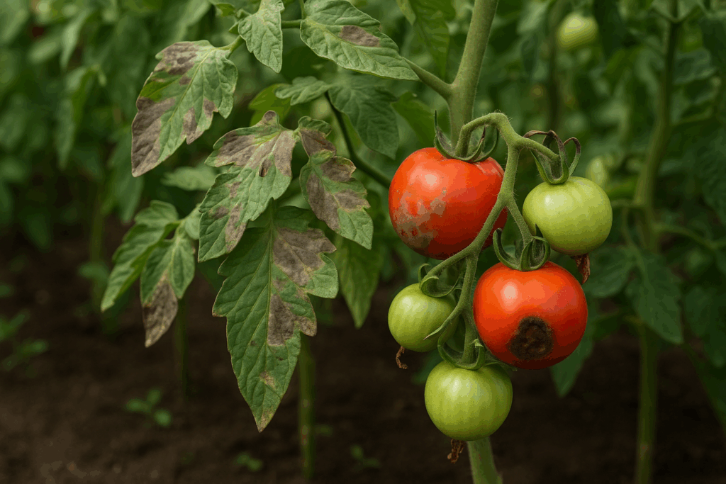 Tomatenpflanze mit Braunfäule – graubraune Flecken auf Blättern und Früchten