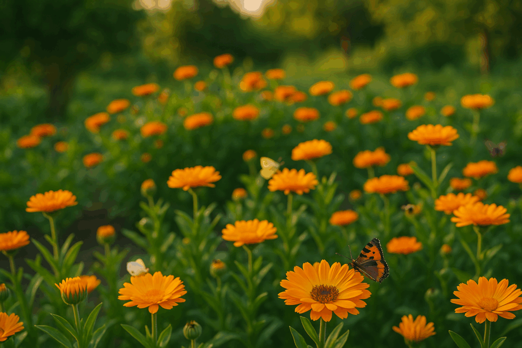 Üppig blühende Ringelblumen im Spätsommer, mit Bienen und Schmetterlingen auf einem sonnigen Gartenbeet.