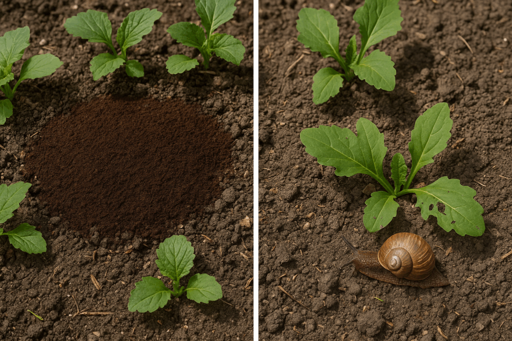 Vergleich zwischen Gartenbeet mit und ohne Kaffeesatz, Schneckenbefall nur auf einer Seite sichtbar