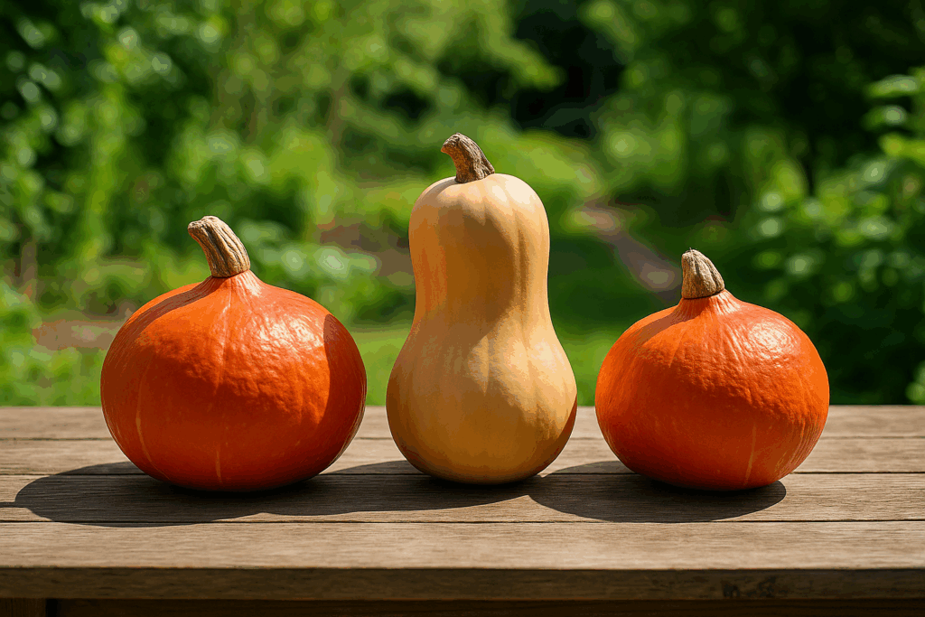 Verschiedene Kürbissorten für die späte Aussaat im Juni: Hokkaido, Butternut und Uchiki Kuri im Garten