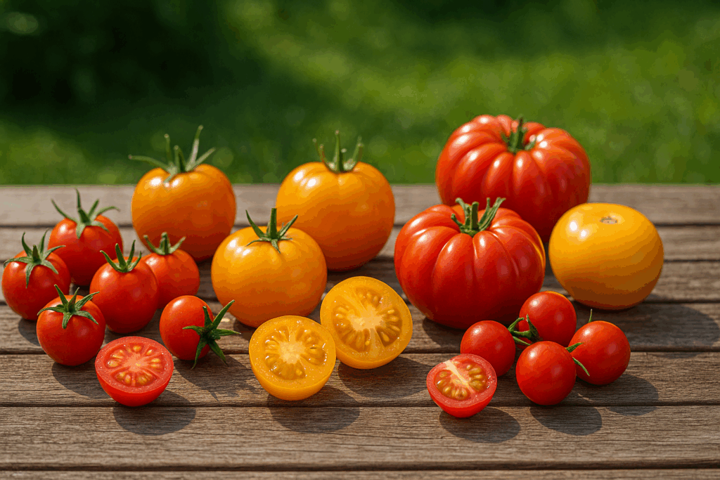 Verschiedene reife Tomatensorten auf Holztisch: Cocktail-, Busch- und Balkontomaten