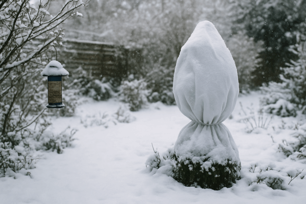 Verschneiter Garten mit Futtersilo, Winterschutzhaube und ruhiger Atmosphäre