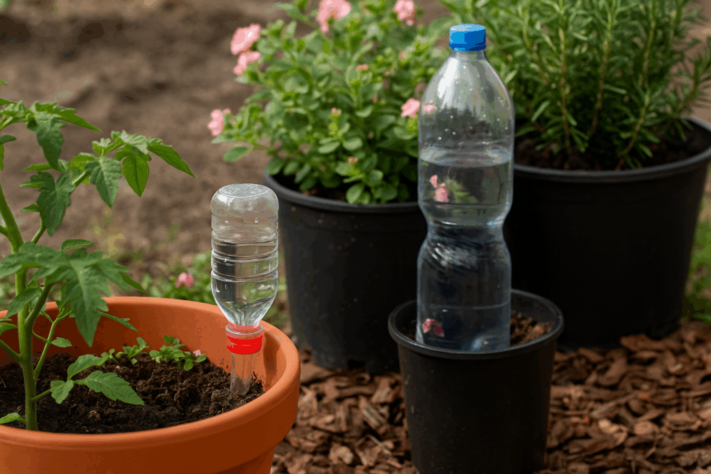 PET-Flaschen als günstige Tropfbewässerung für Kübelpflanzen im Sommer