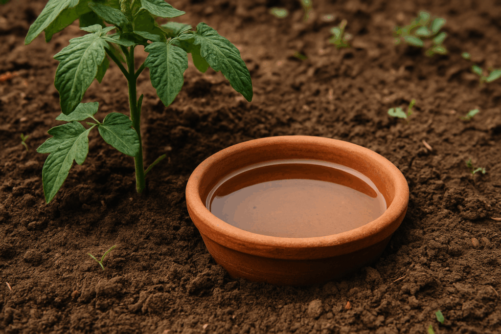 Tonschale als stiller Wasserspeicher im Garten neben Tomatenpflanze