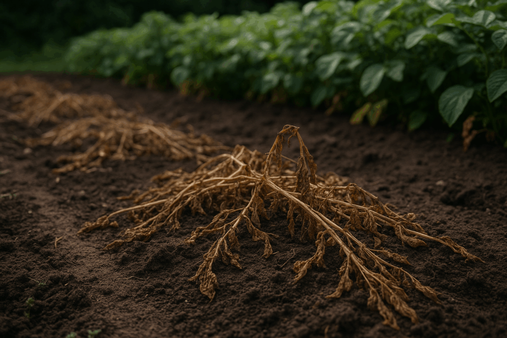 Abgestorbenes Kartoffelkraut – sicheres Zeichen für erntereife Lagerkartoffeln.